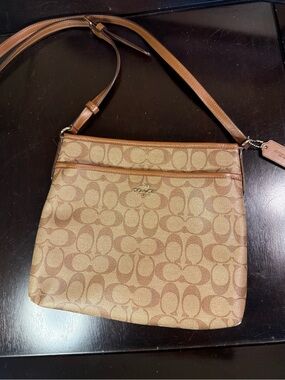 Coach Brown Signature Canvas Crossbody Bag with Tan Leather Trim